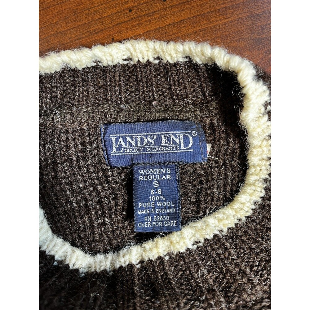 Lands End Vintage Wool Snowflake Sweater Womens S Brown Cable Knit Made 90s - Picture 4 of 8